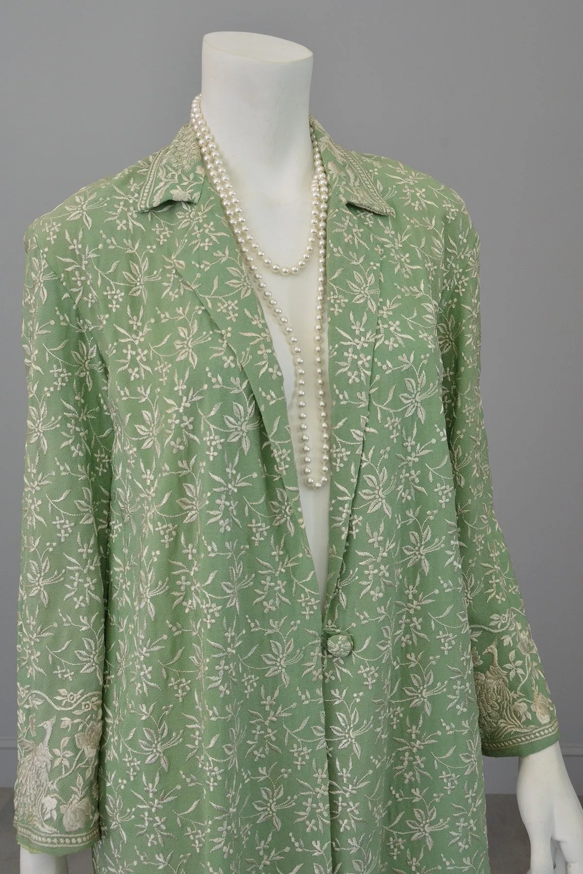 Embroidered Peacocks & Florals Vintage Crepe Duster Evening Coat