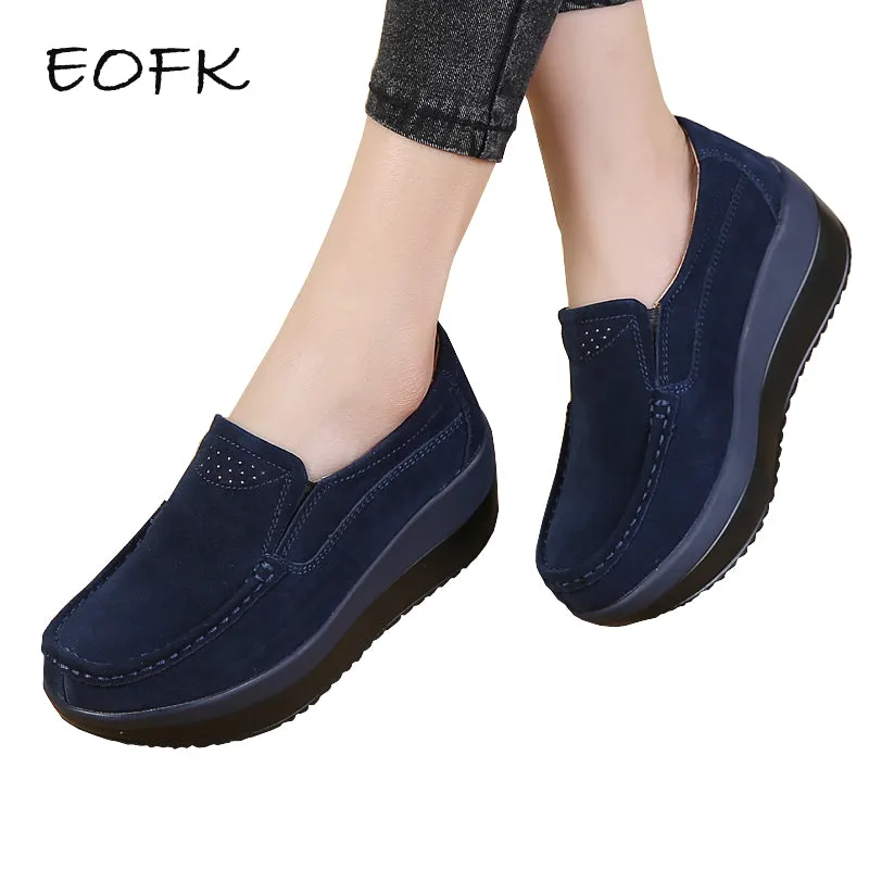 EOFK Women Flat Platform Loafers Ladies Elegant Suede Leather Moccasins Shoes Woman Slip On Moccasin Women's blue Casual Shoes