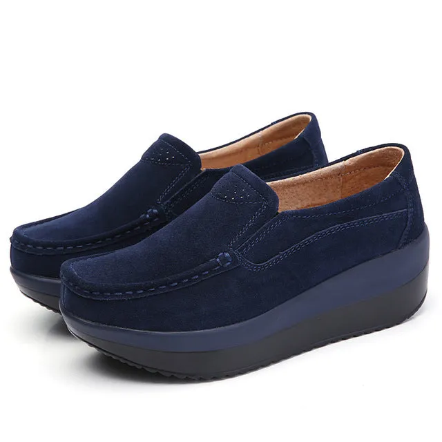 EOFK Women Flat Platform Loafers Ladies Elegant Suede Leather Moccasins Shoes Woman Slip On Moccasin Women's blue Casual Shoes