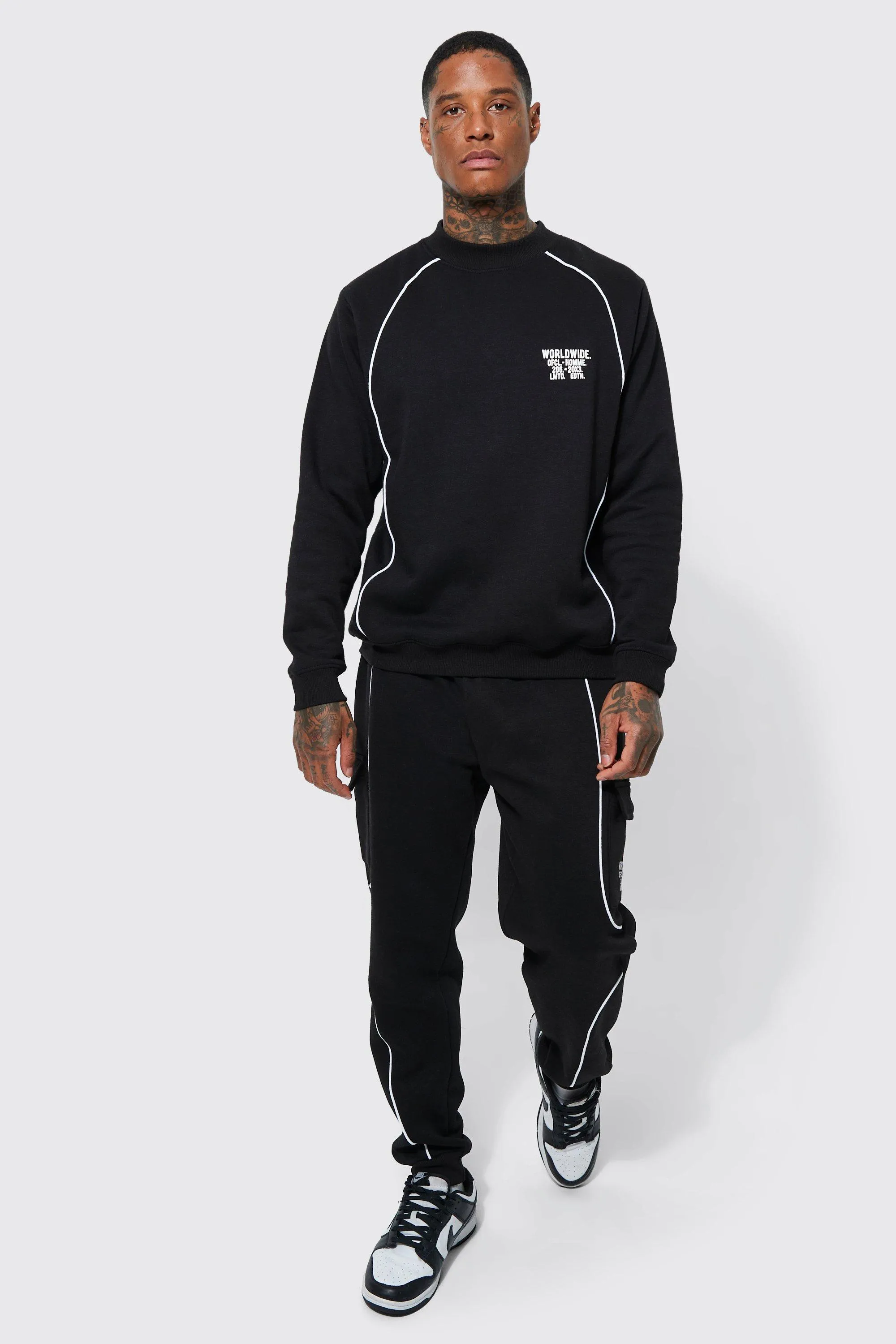 Extended Neck Piping Sweatshirt Tracksuit | boohooMAN UK