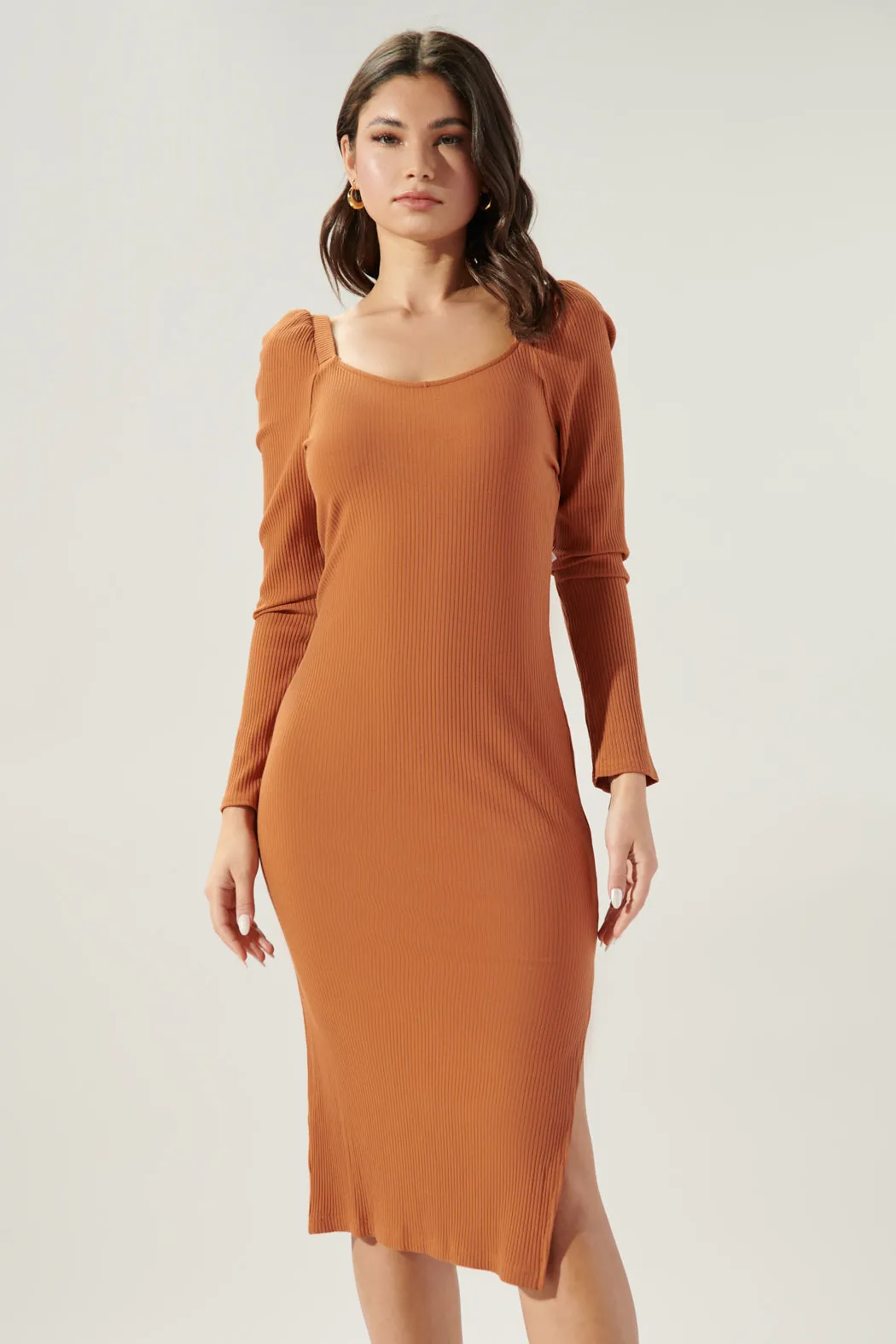 Faye Puff Sleeve Scoop Neck Ribbed Knit Midi Dress