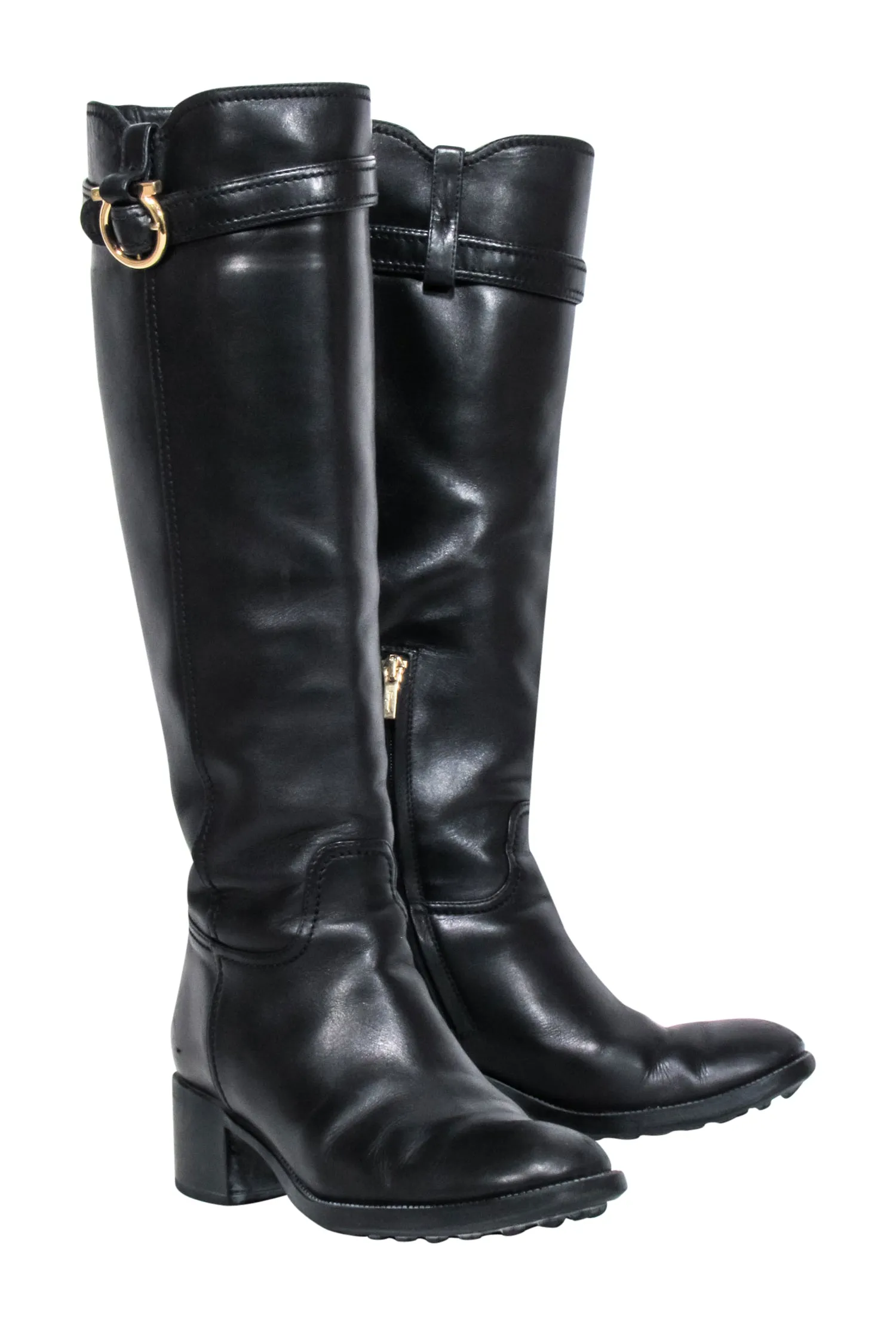 Ferragamo - Black Leather Riding Boots w/ Gancini Accent Sz 7.5