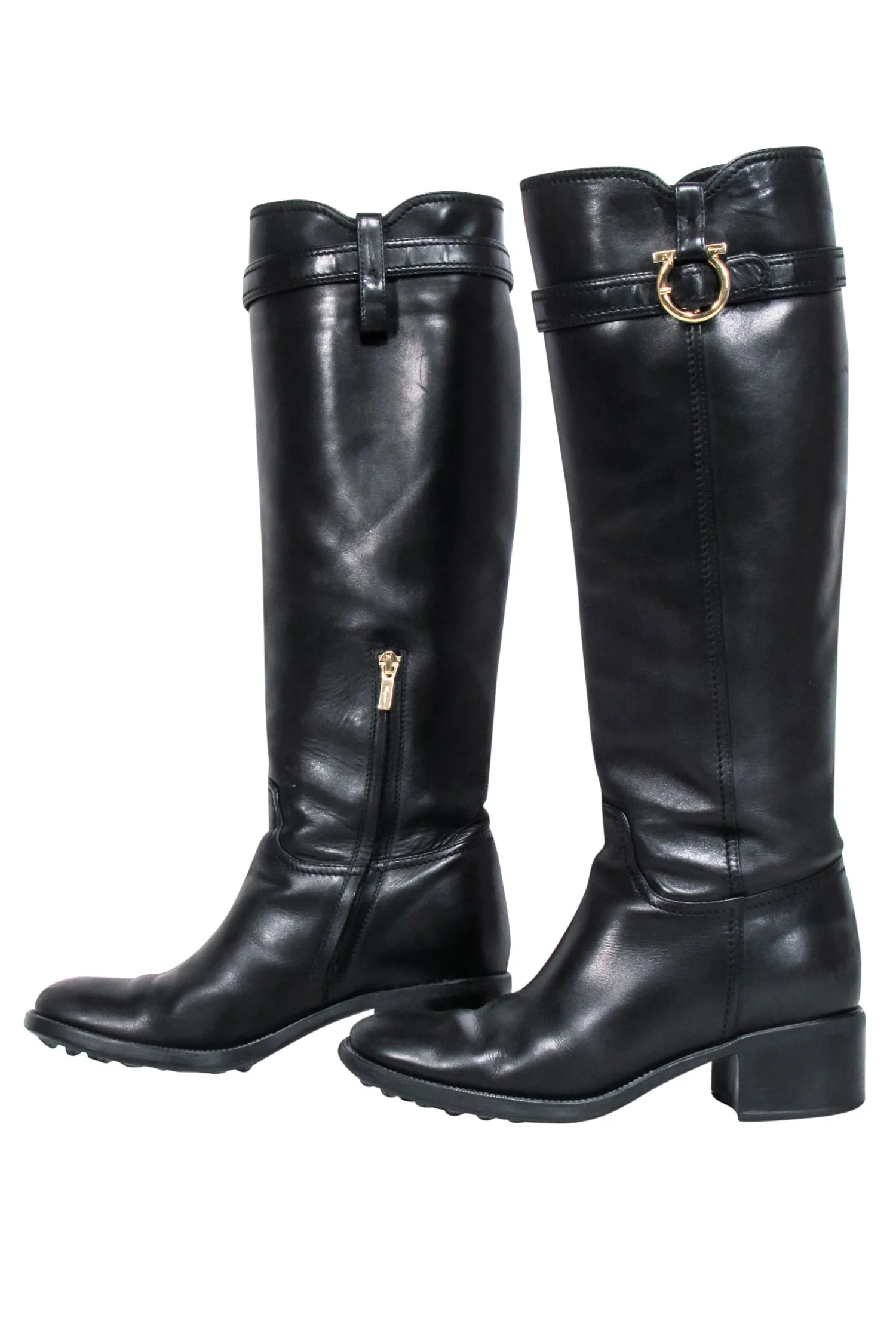 Ferragamo - Black Leather Riding Boots w/ Gancini Accent Sz 7.5