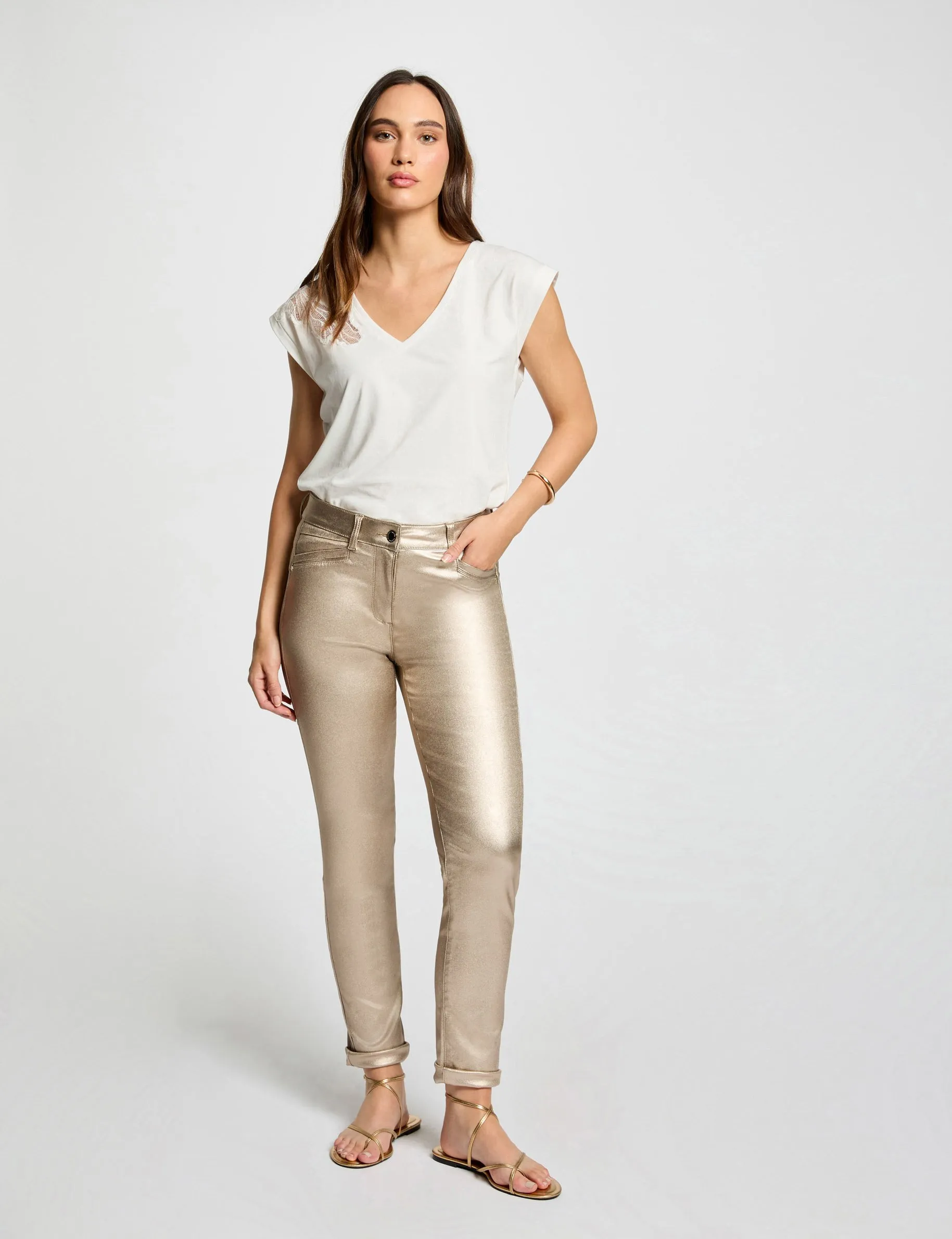 Fitted trousers wet effect gold women