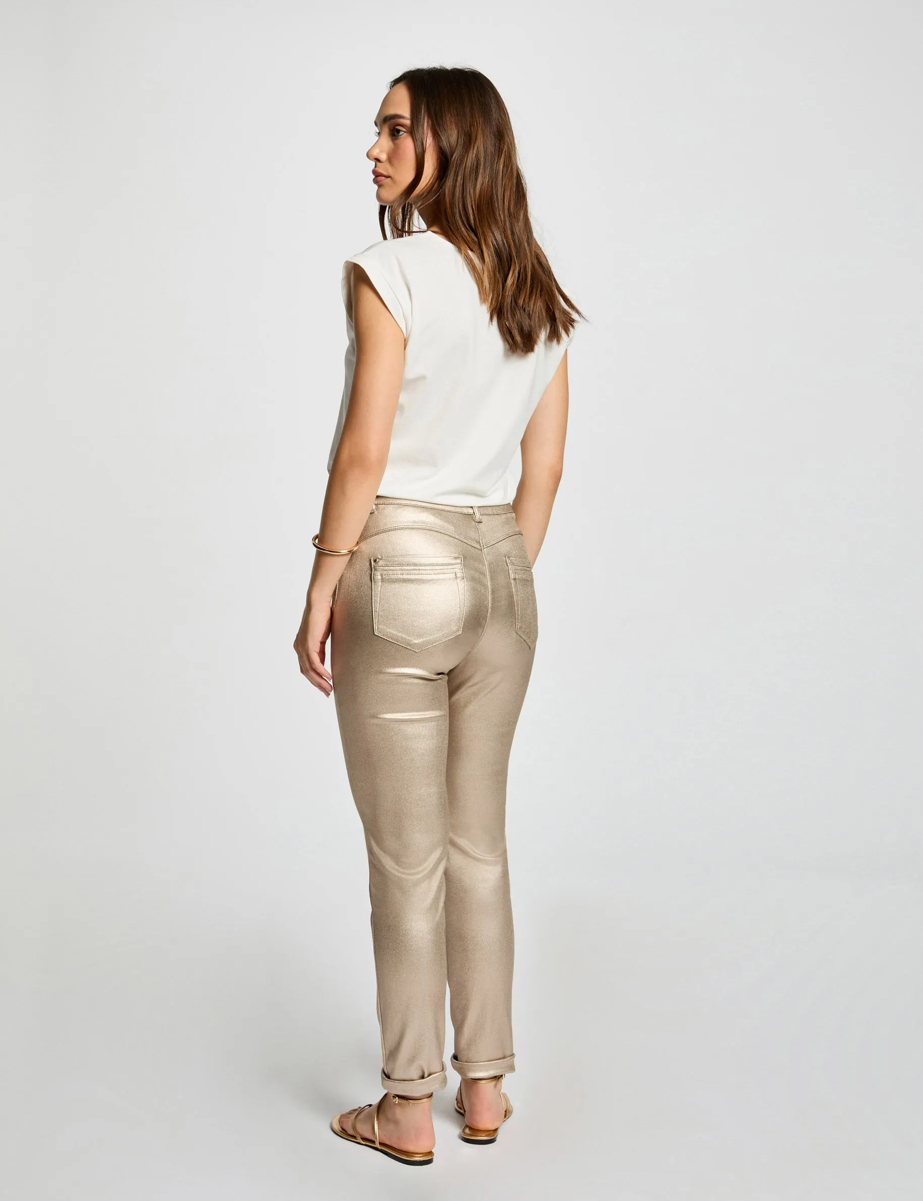 Fitted trousers wet effect gold women