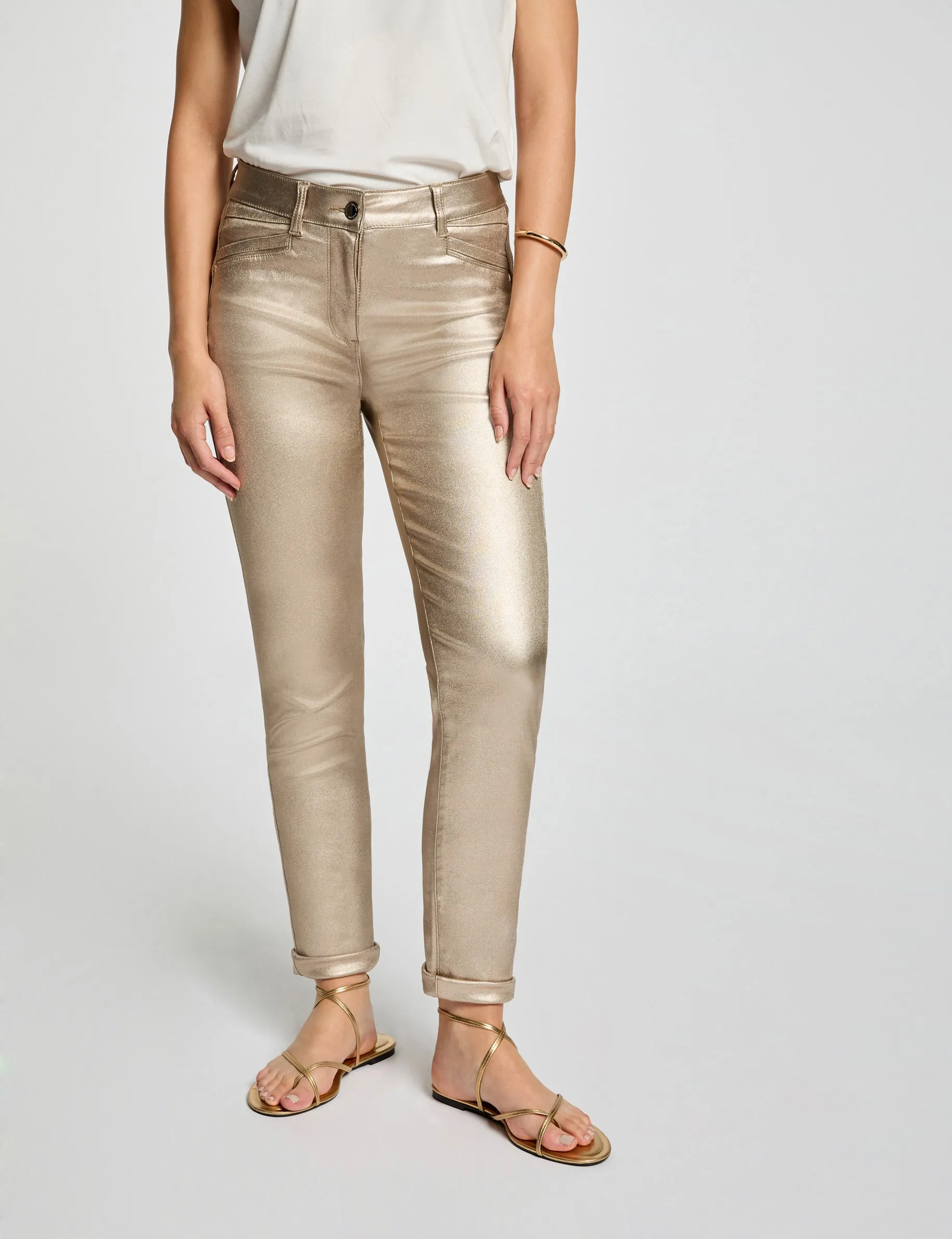 Fitted trousers wet effect gold women