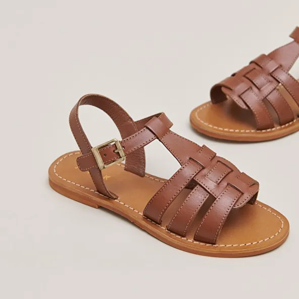 Flat braided sandals in cognac leather