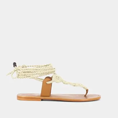 Flat sandals with tie in camel leather