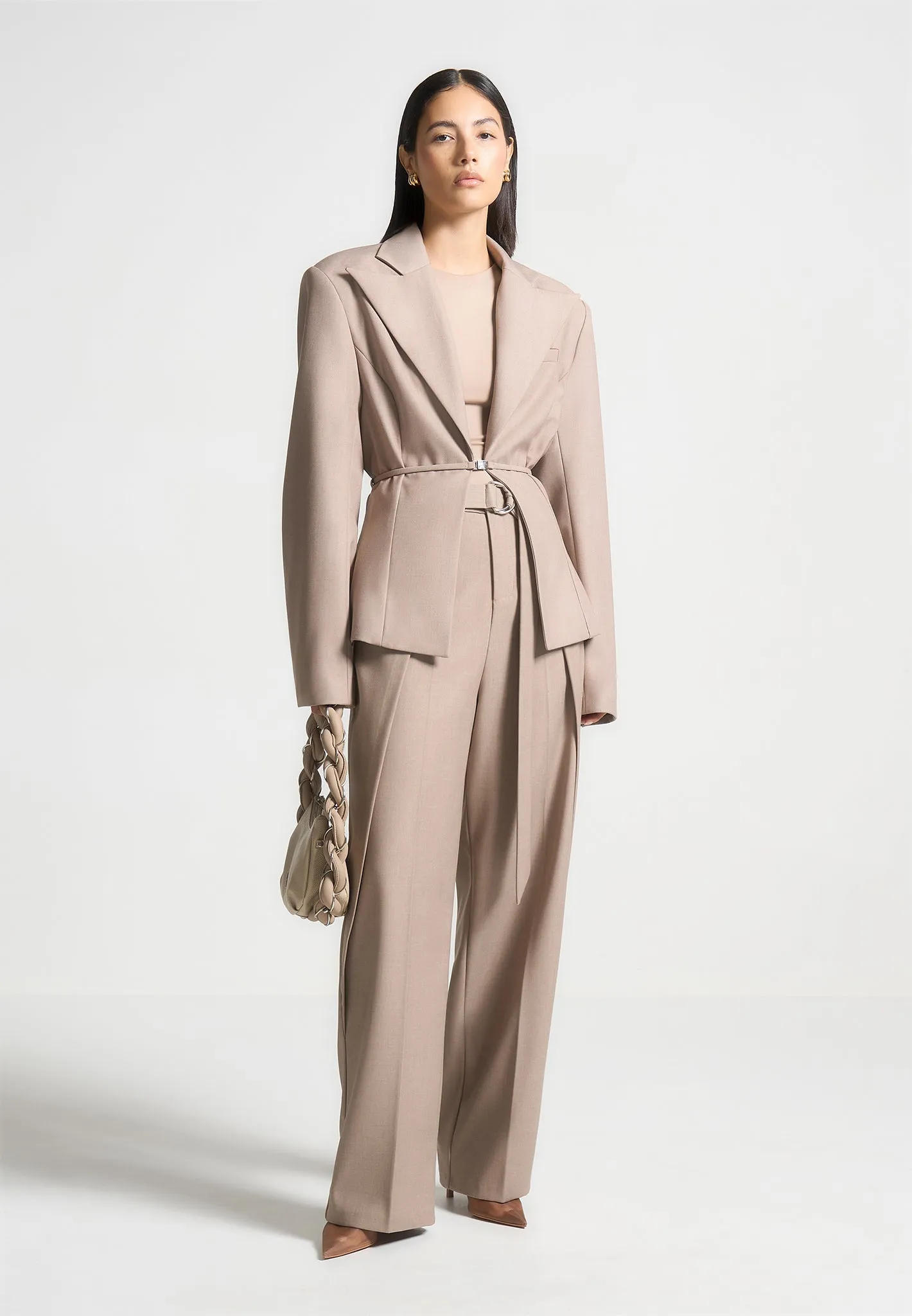 Foldover Tailored Trousers with D-Ring Belt - Taupe