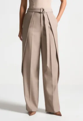 Foldover Tailored Trousers with D-Ring Belt - Taupe