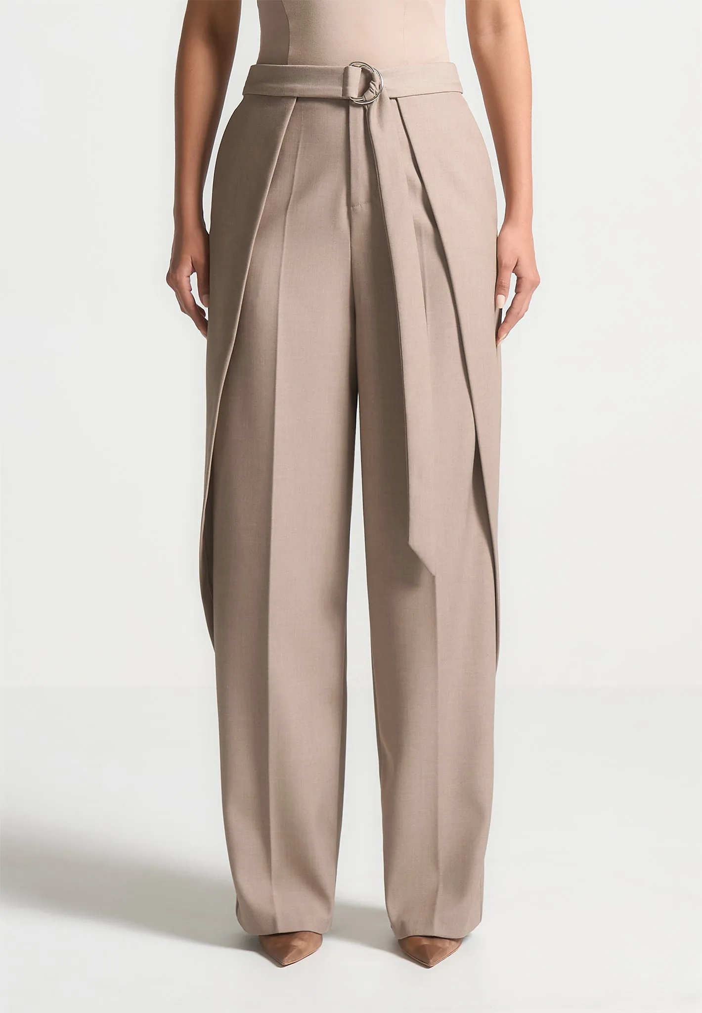 Foldover Tailored Trousers with D-Ring Belt - Taupe