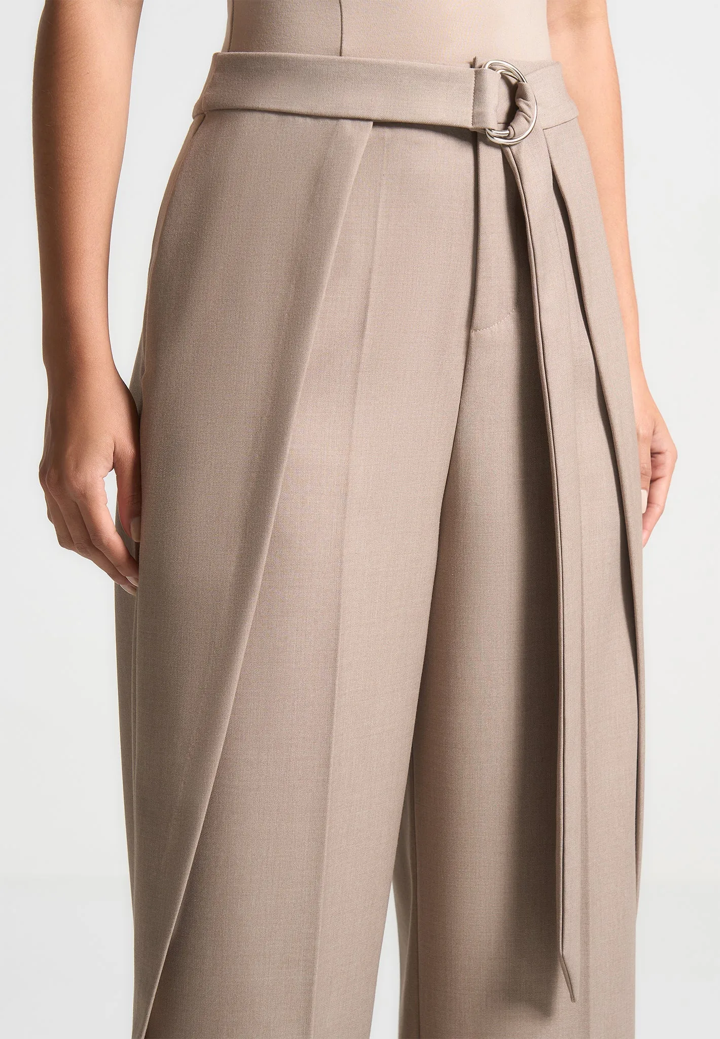 Foldover Tailored Trousers with D-Ring Belt - Taupe