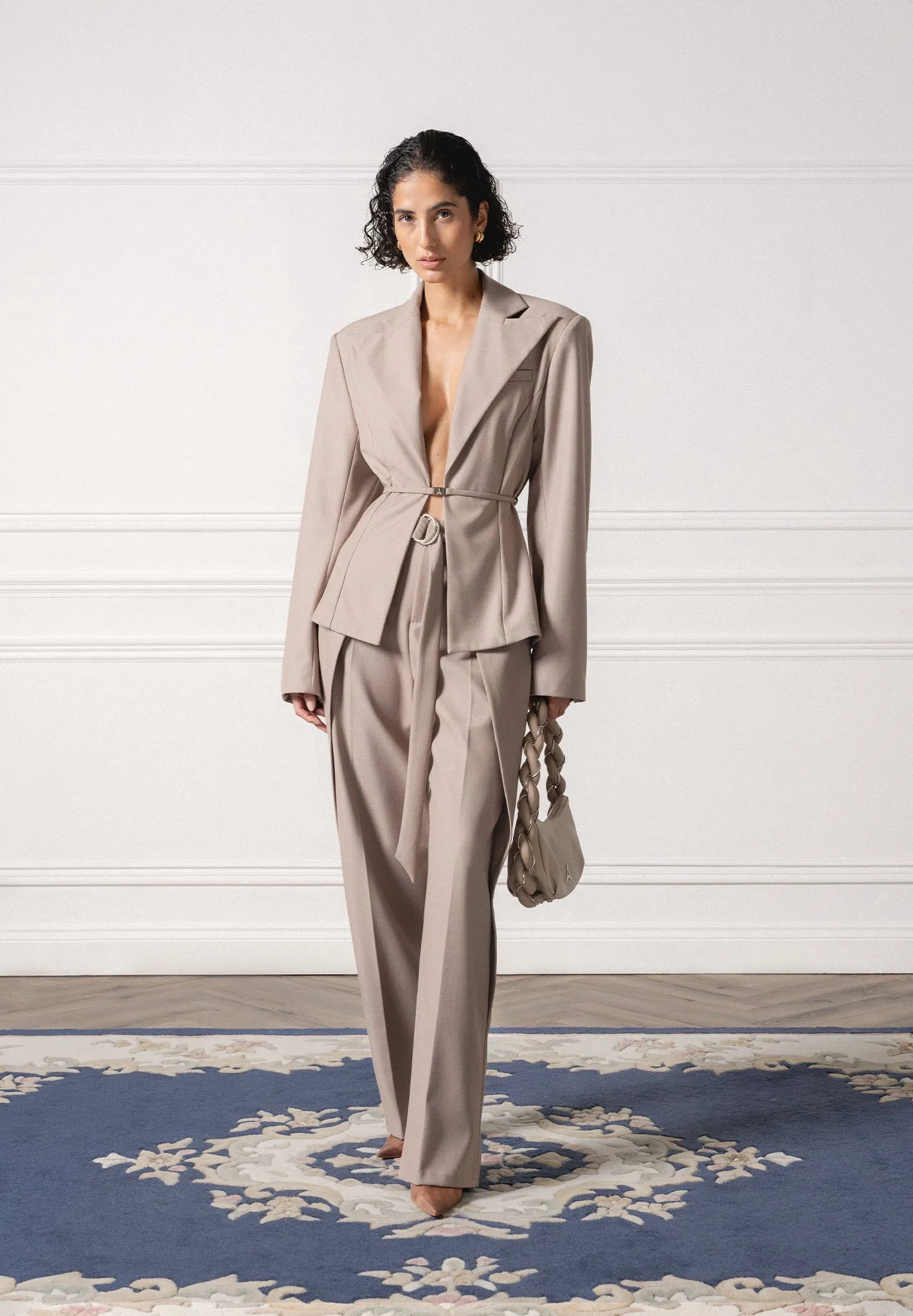 Foldover Tailored Trousers with D-Ring Belt - Taupe