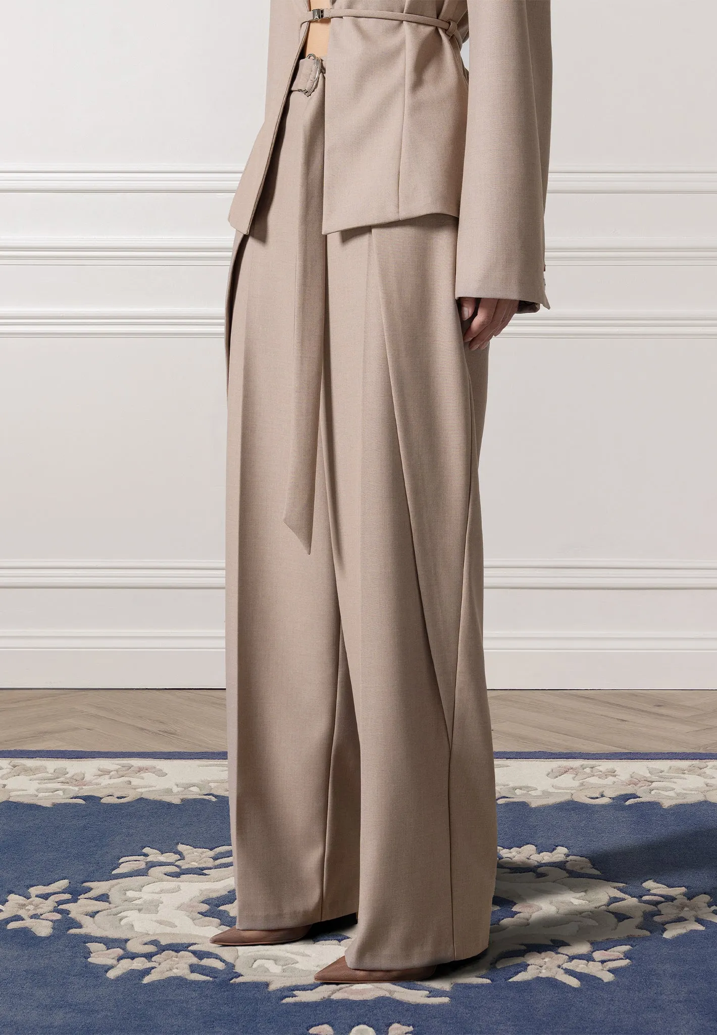 Foldover Tailored Trousers with D-Ring Belt - Taupe