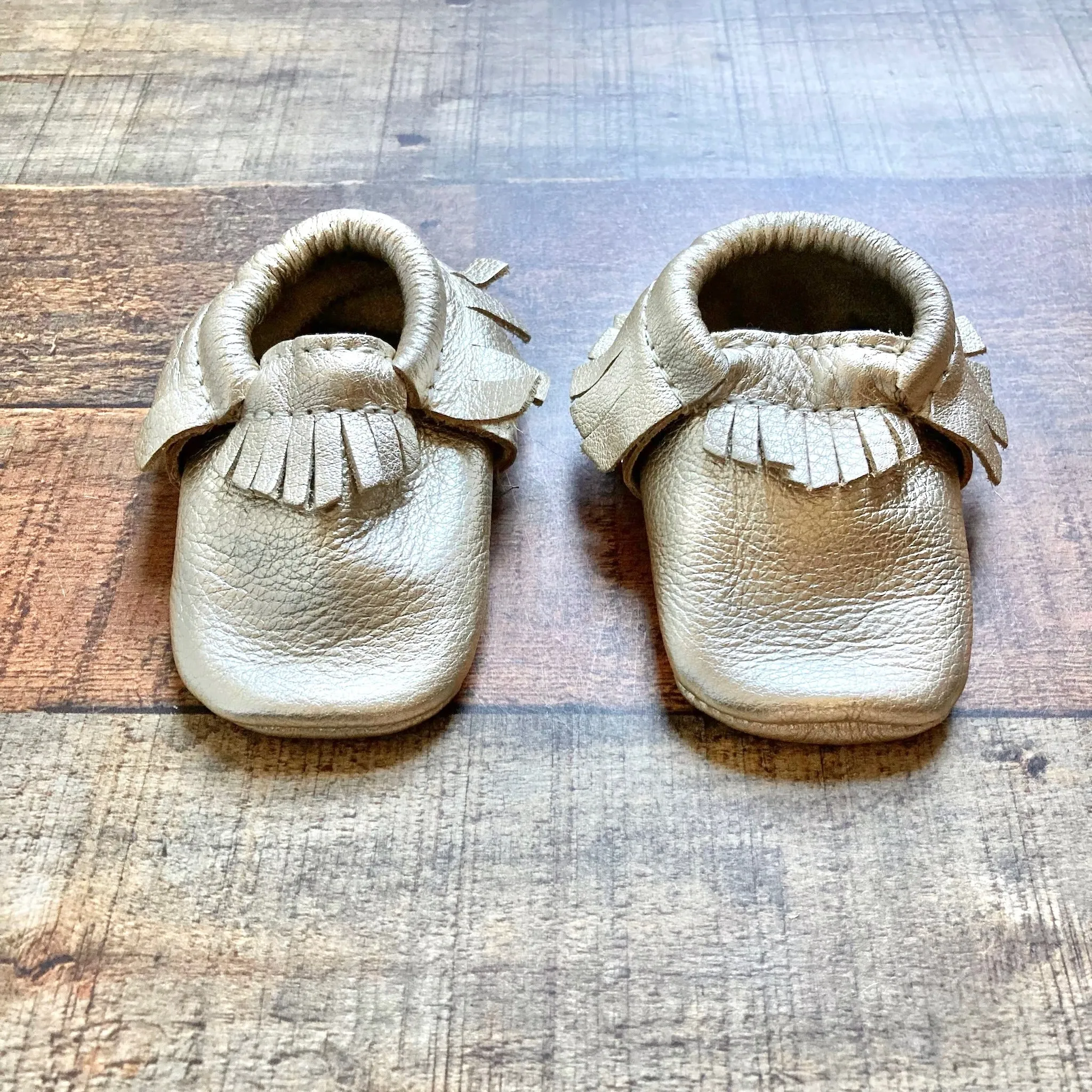 Gold Leather Fringe Moccasins- Size 2