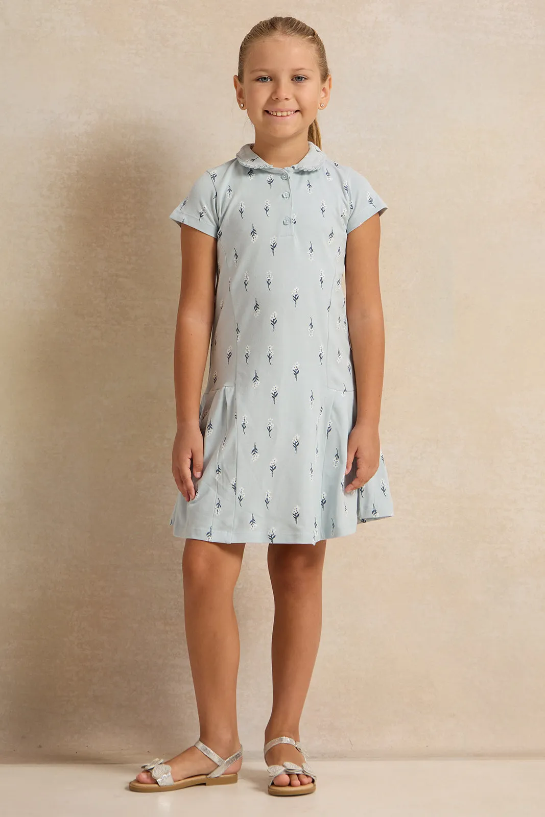 Girls Blue Peter pan Collar Pique Dress