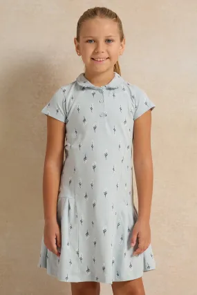 Girls Blue Peter pan Collar Pique Dress