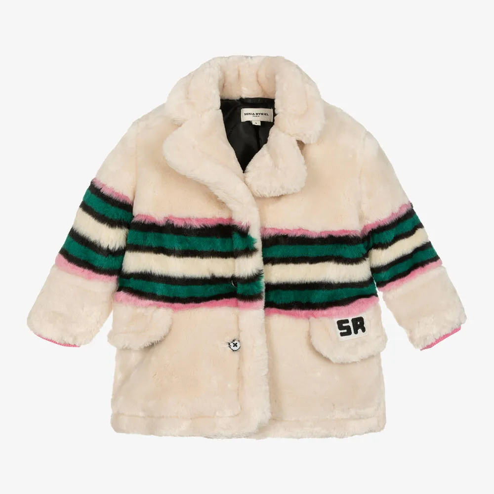 Girls White Striped Faux Fur Coat