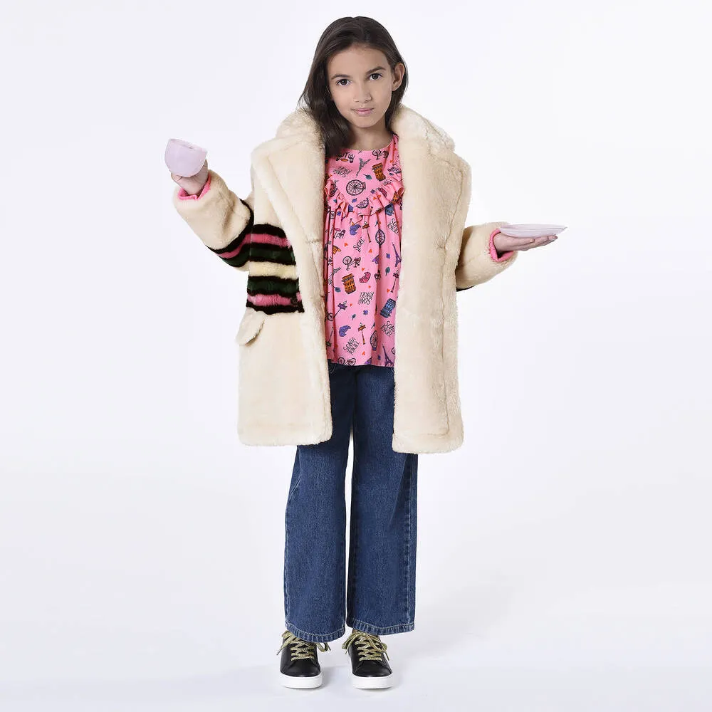 Girls White Striped Faux Fur Coat