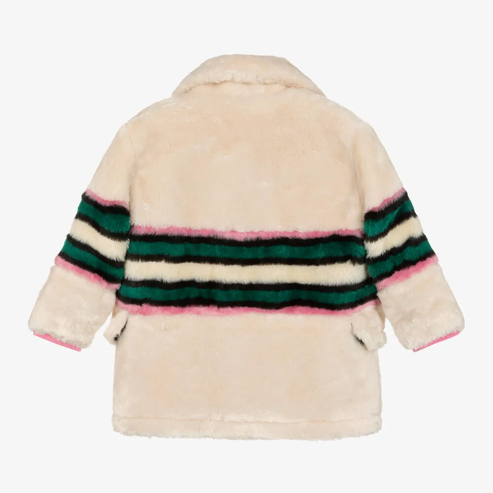 Girls White Striped Faux Fur Coat