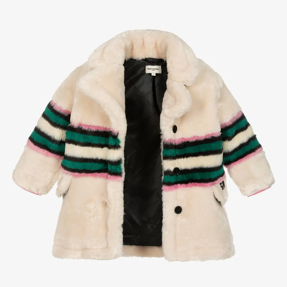 Girls White Striped Faux Fur Coat