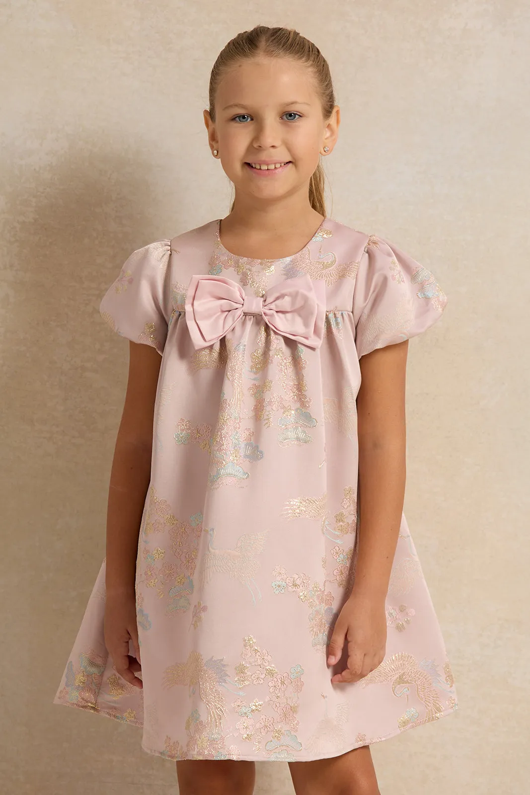 Girls Lilac Bow Detailed Jacquard Dress