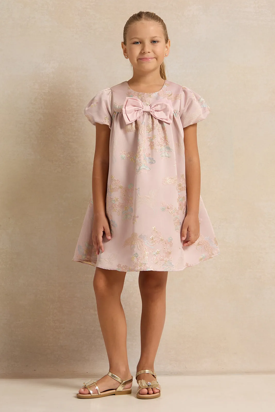 Girls Lilac Bow Detailed Jacquard Dress