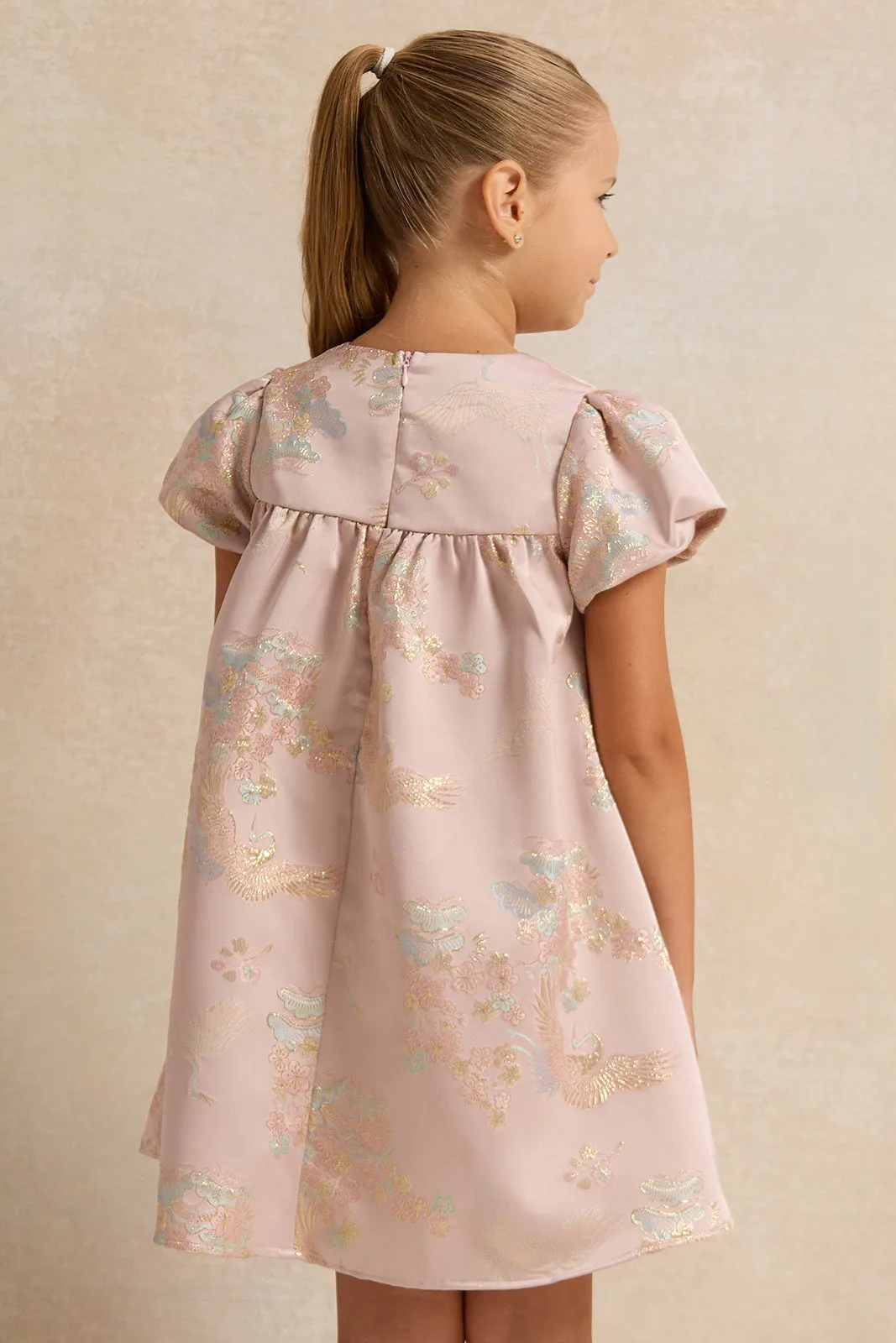 Girls Lilac Bow Detailed Jacquard Dress