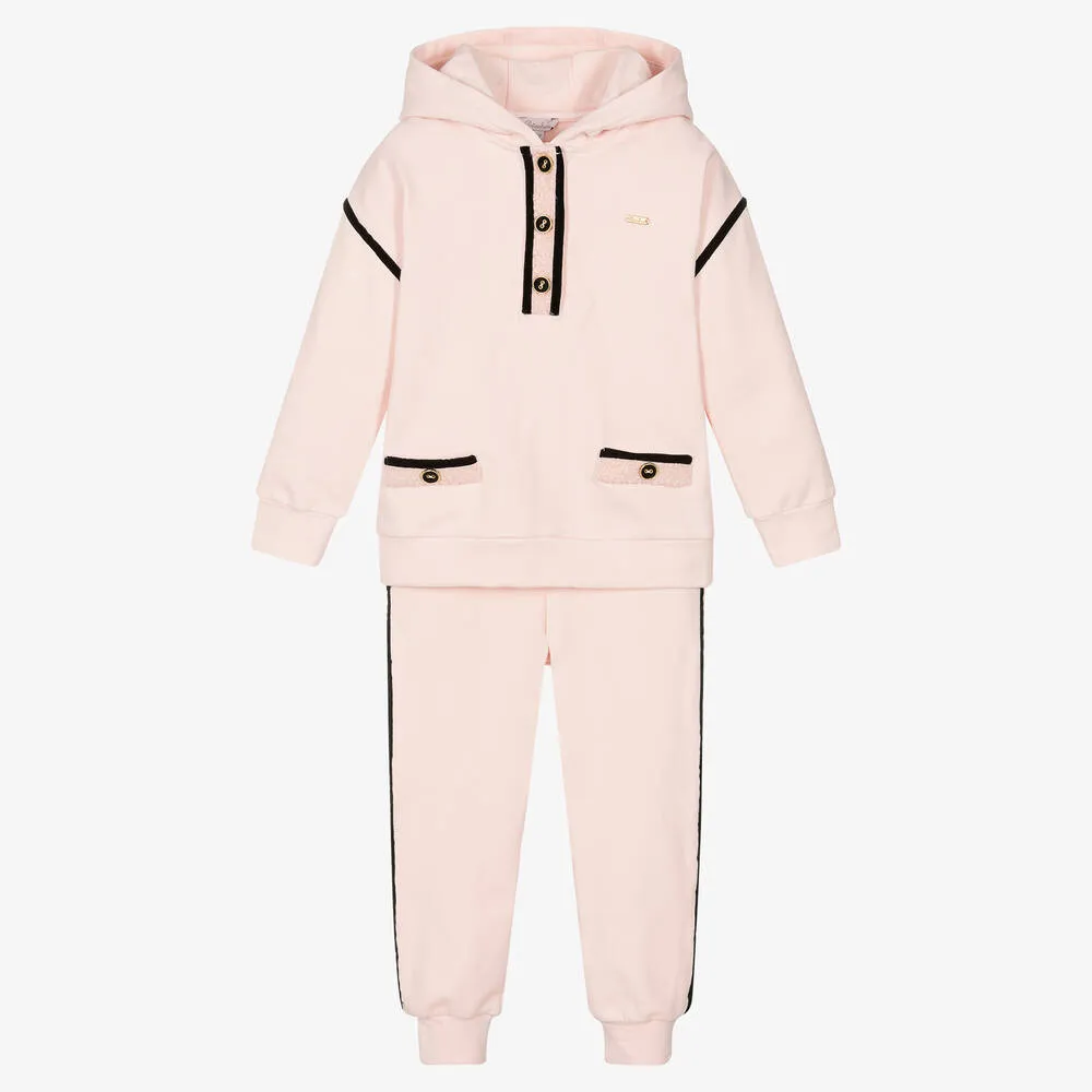 Girls Pink & Black Cotton Tracksuit