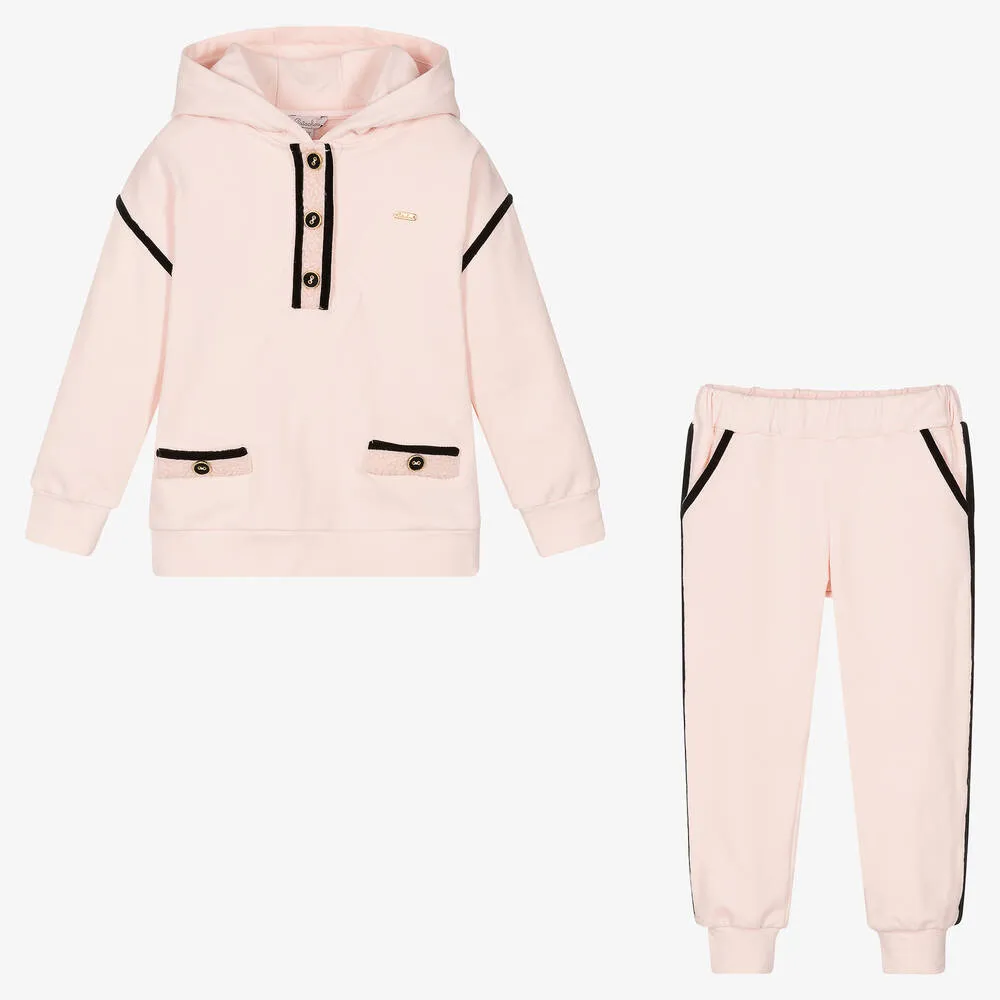 Girls Pink & Black Cotton Tracksuit