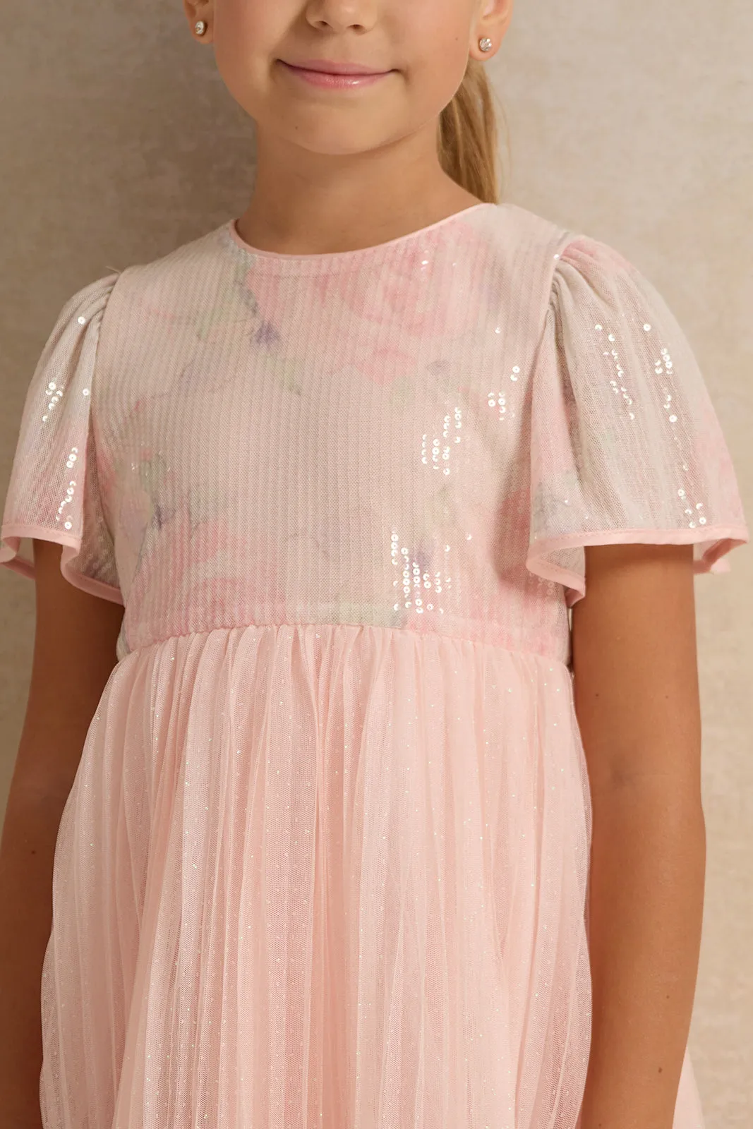 Girls Pink Floral Sequined Upper Bodice Mesh Dress