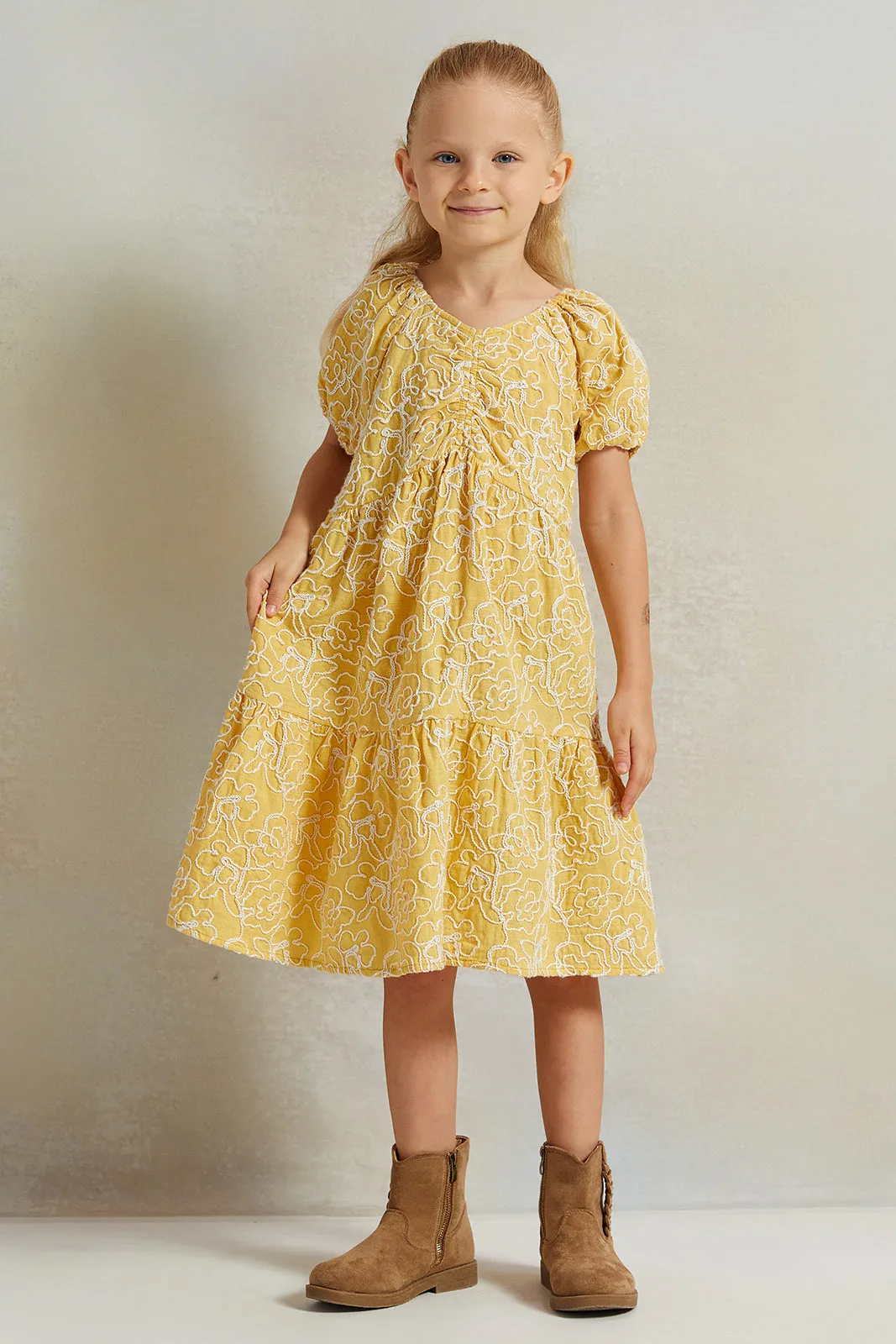 Girls Yellow Embroidered Dress