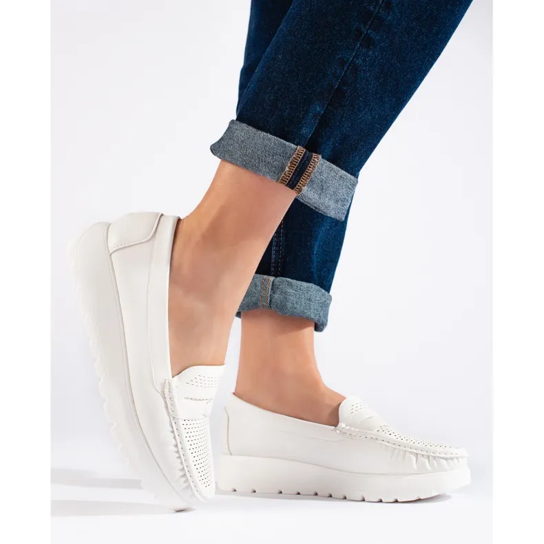 White openwork moccasins on platform