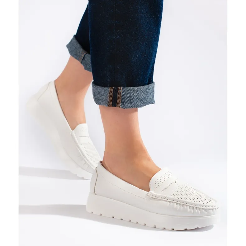 White openwork moccasins on platform