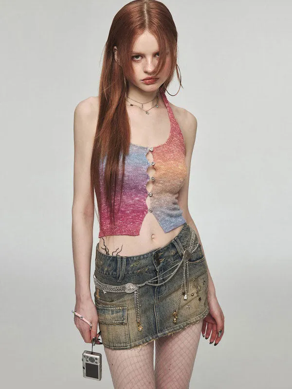 Gradient Rainbow Knit Halter Top