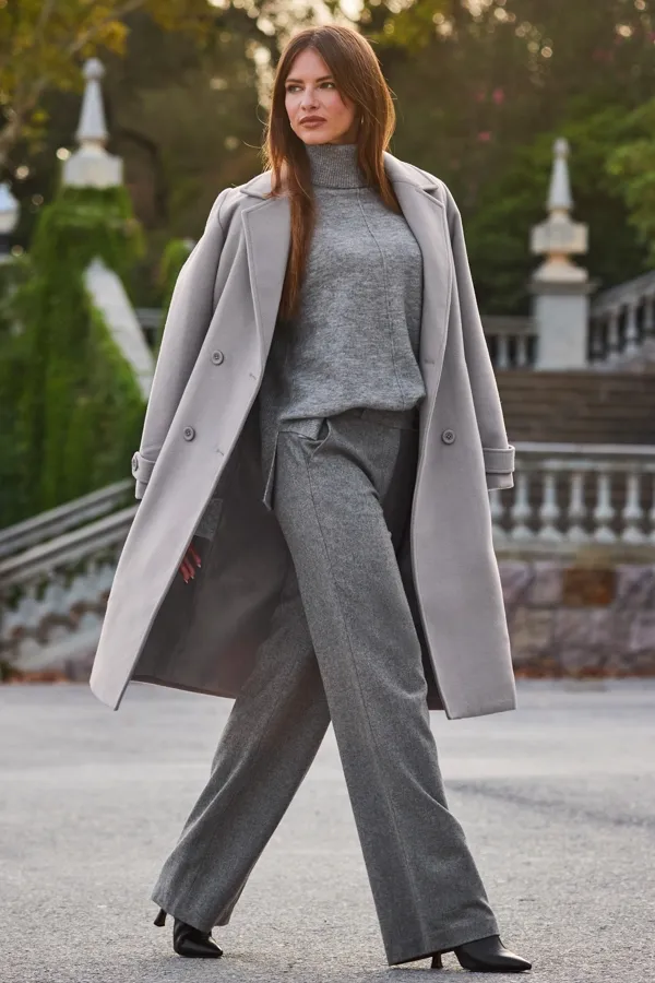 Gray Double Breasted Coat with Tab Sleeves