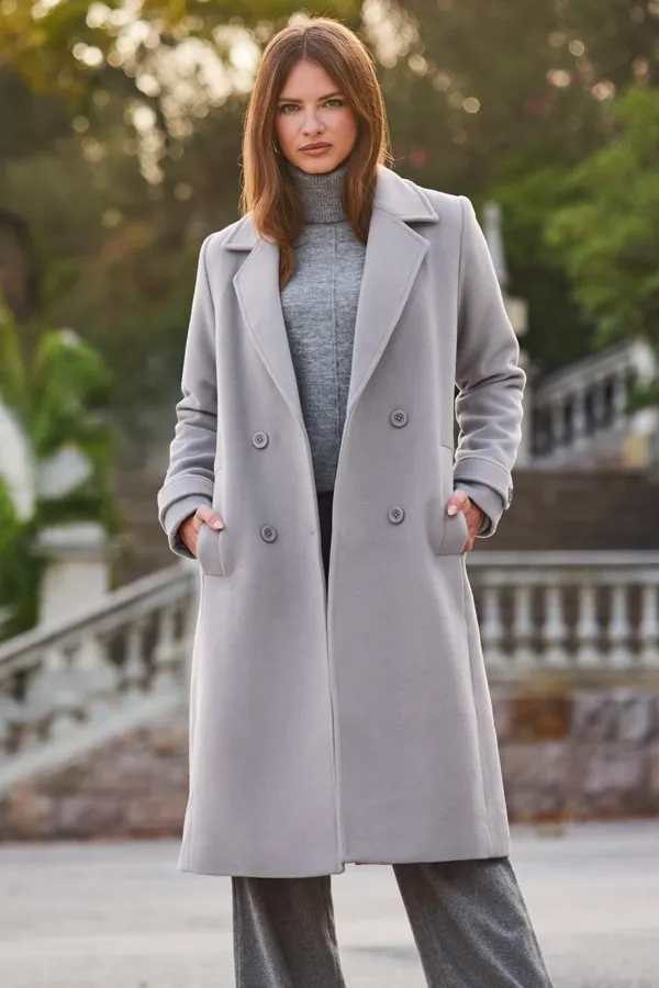 Gray Double Breasted Coat with Tab Sleeves