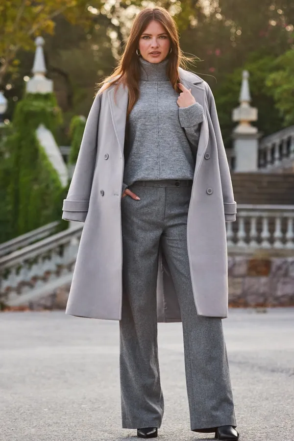 Gray Double Breasted Coat with Tab Sleeves