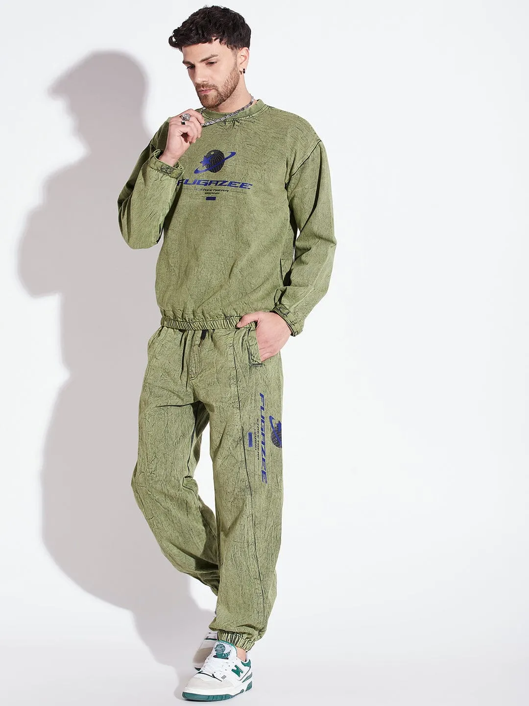 Green Acid Washed Sweatshirt & Jogger Combo Tracksuit