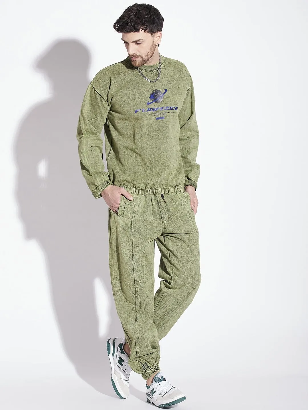 Green Acid Washed Sweatshirt & Jogger Combo Tracksuit