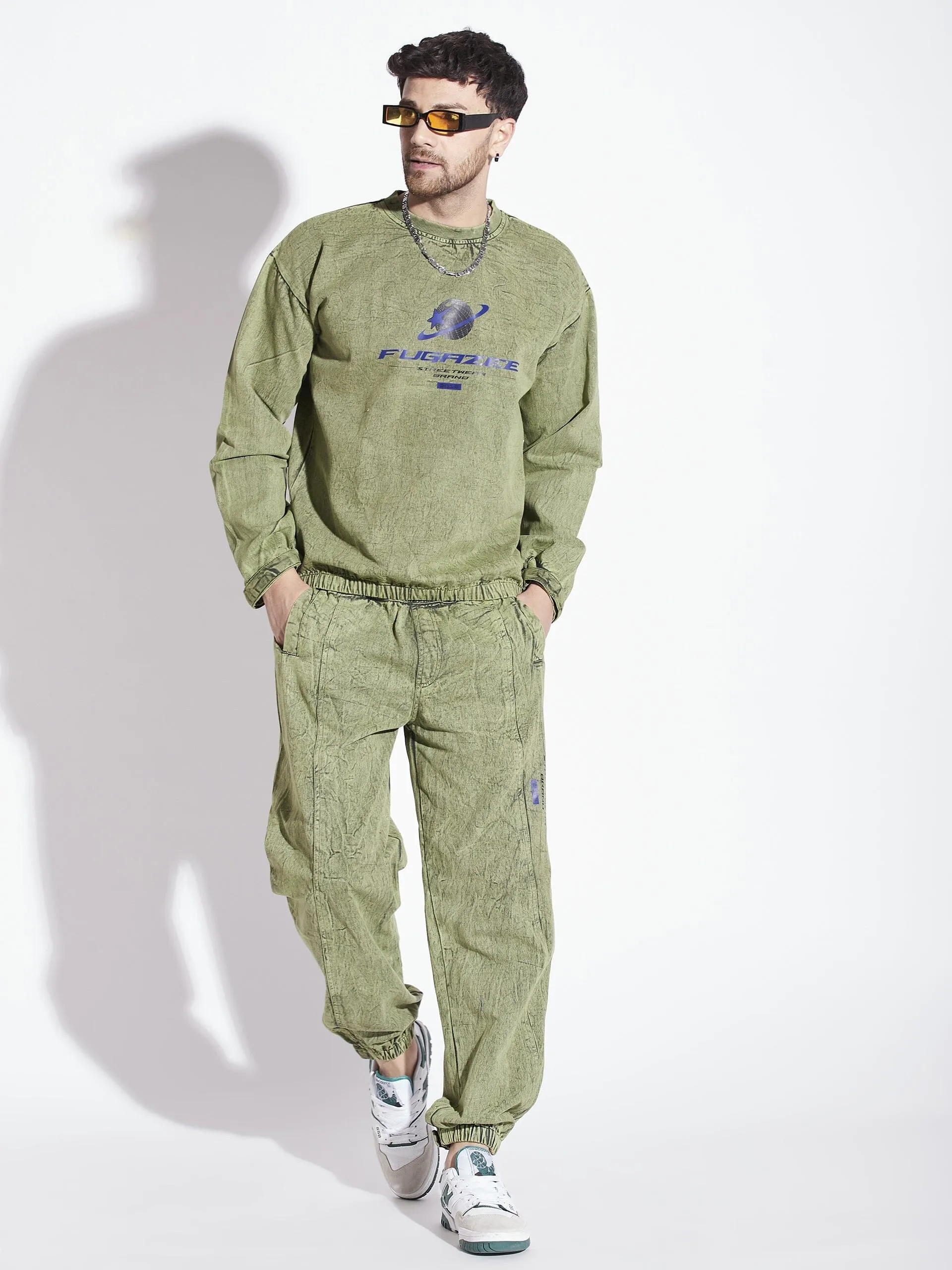 Green Acid Washed Sweatshirt & Jogger Combo Tracksuit