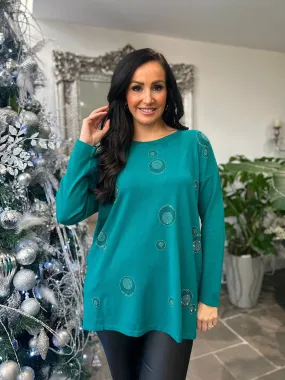 Green Bubble Pattern Knit Top with Diamond Accents