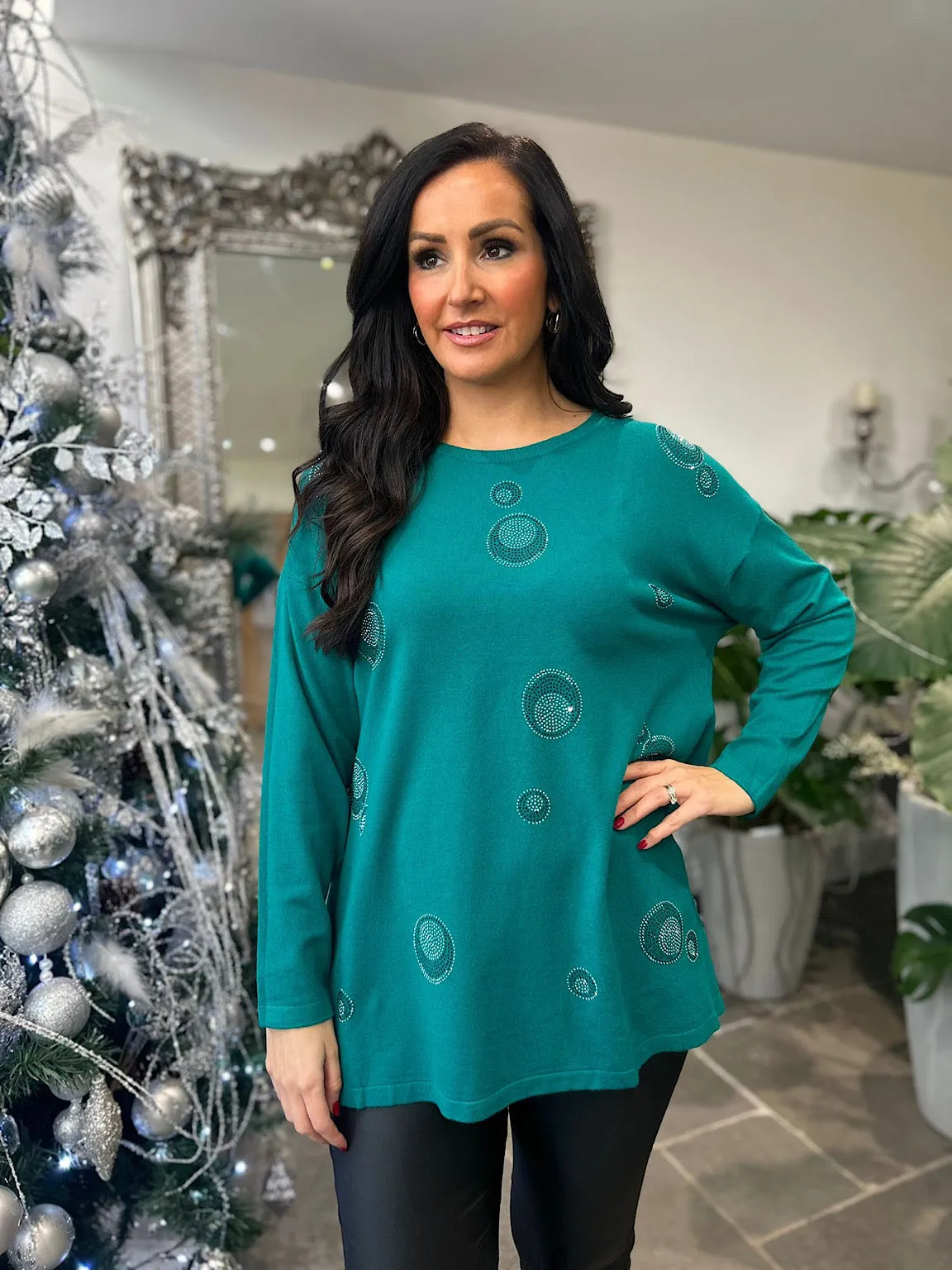 Green Bubble Pattern Knit Top with Diamond Accents