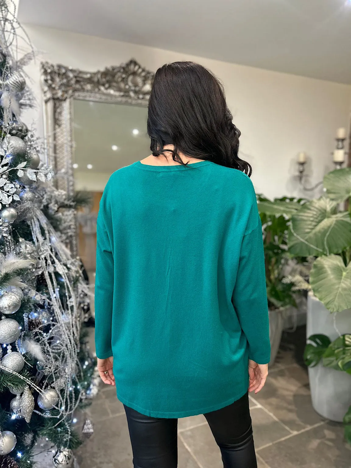 Green Bubble Pattern Knit Top with Diamond Accents