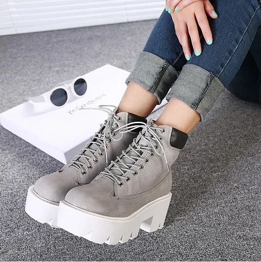 Chunky Grey Lace-Up Platform Boots