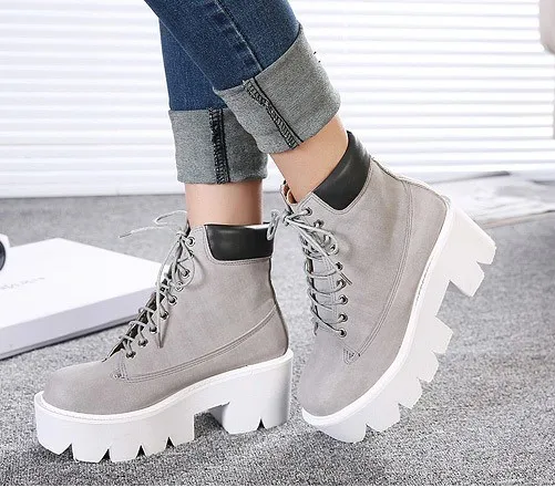 Chunky Grey Lace-Up Platform Boots