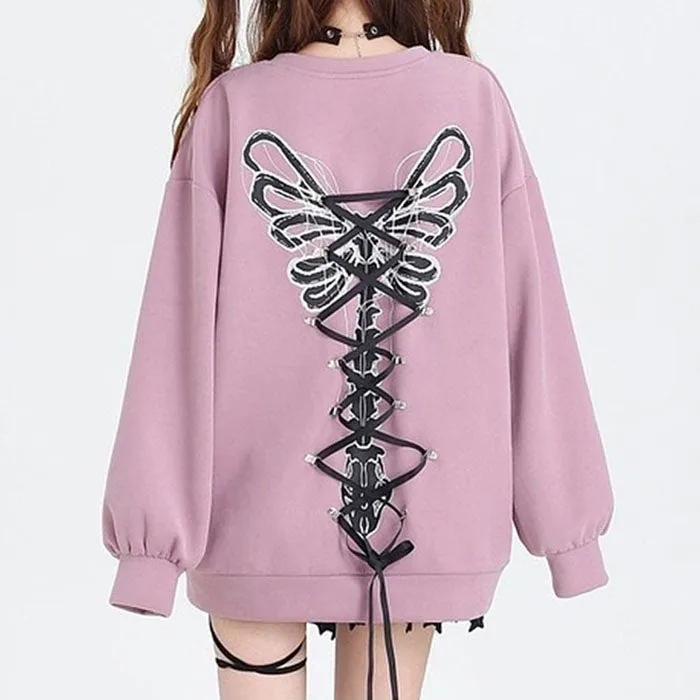 Grunge Lace-Up Butterfly Skeleton Sweatshirt