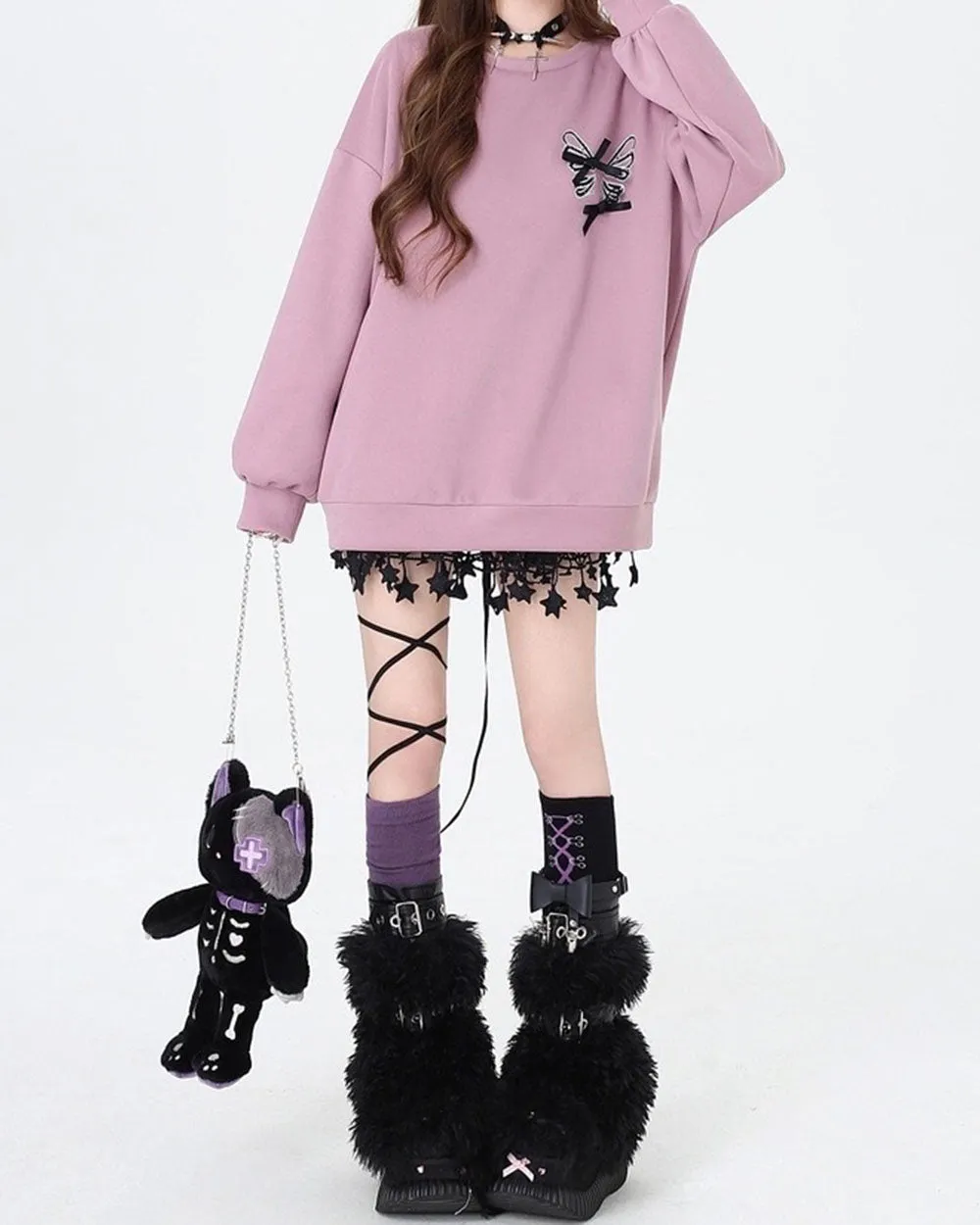 Grunge Lace-Up Butterfly Skeleton Sweatshirt