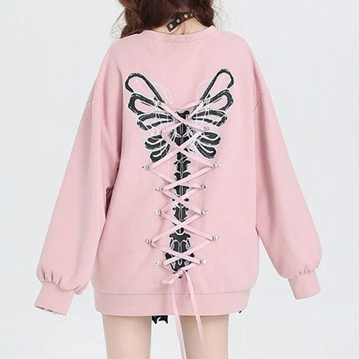 Grunge Lace-Up Butterfly Skeleton Sweatshirt