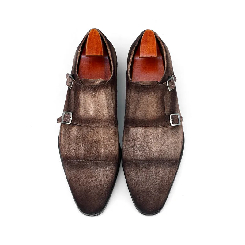 Handcrafted Brown Nubuck Double Monk Strap Shoes